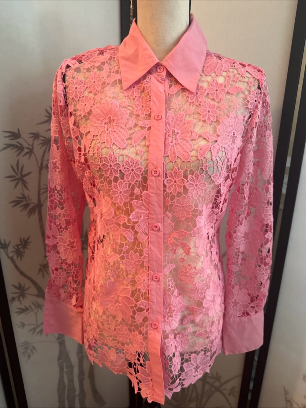 Adiva Pink Floral Lace Button-Front Blouse